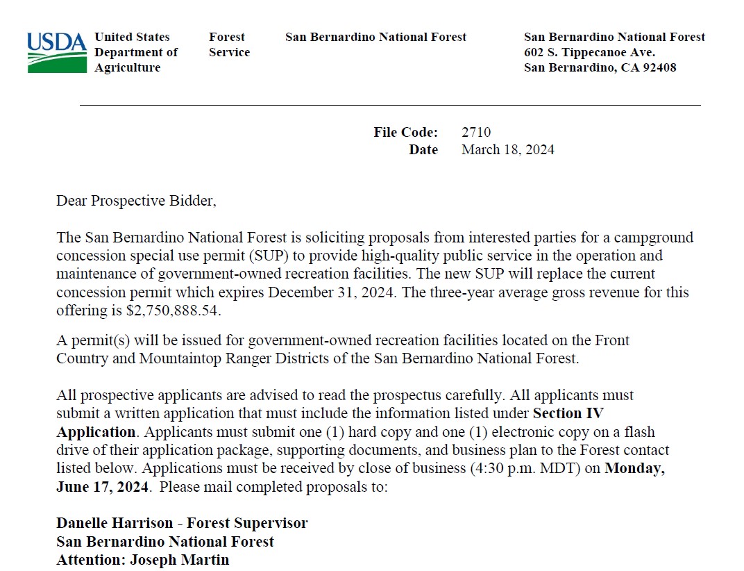 The image shows a screen shot of a letter from the Forest Supervisor