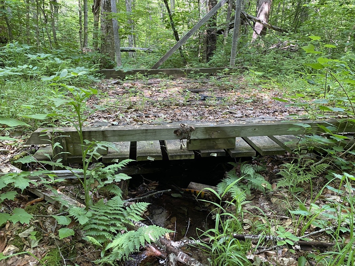 Deficient trail bridge on the Green Mountain and Finger Lakes National Forest creating stream sedimentation and barriers to fish passage.