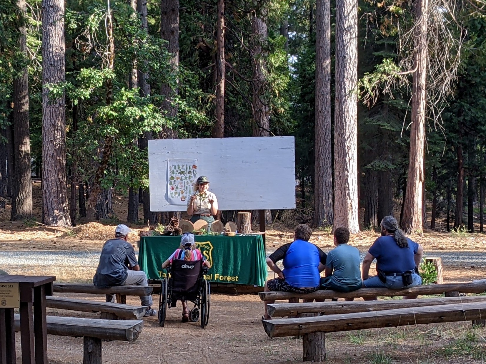 A group of people sit on benches looking toward a person presenting.
