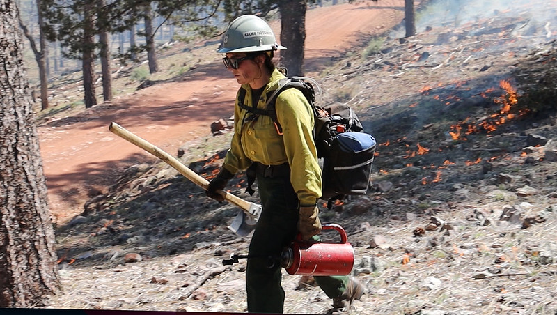 a female firefighter walks by a prescribed burn area carrying an axe and a torch