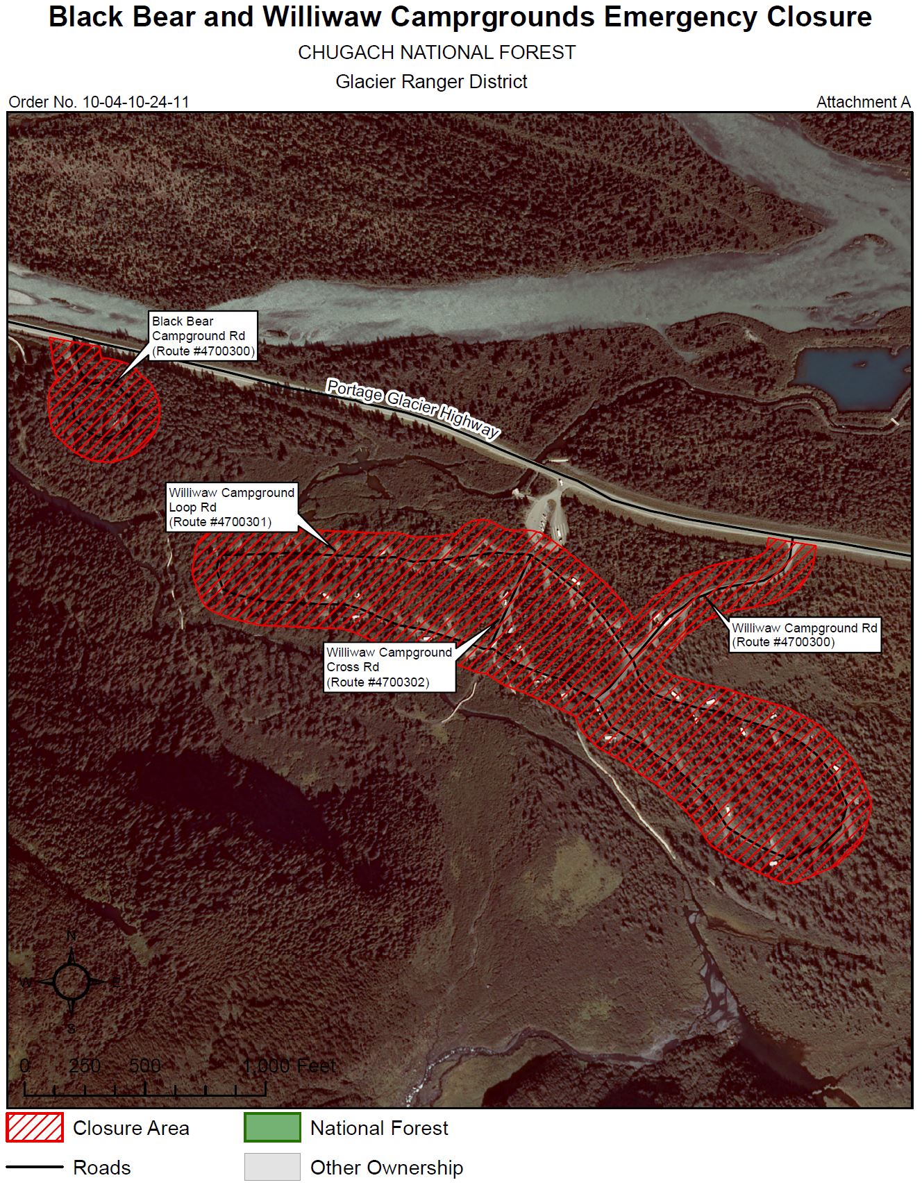 Satellite map displaying the areas where tents and soft-sided campers are prohibited in Williwaw Campground and Black Bear Campgrounds. Prohibited areas are lined in with red.