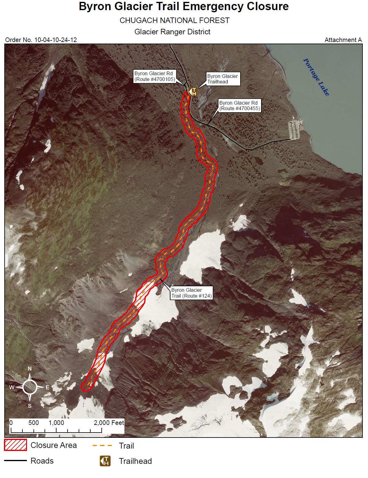 Satellite map showing closure of Byron Glacier Trail in Glacier Ranger District