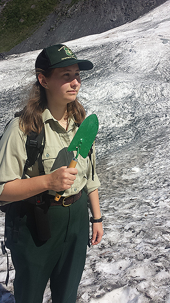 Intern Beata Ramza guiding the Ice Worm Safari at Byron Glacier
