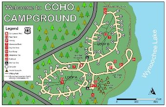 Layout of Coho campground showing sites and facilities.