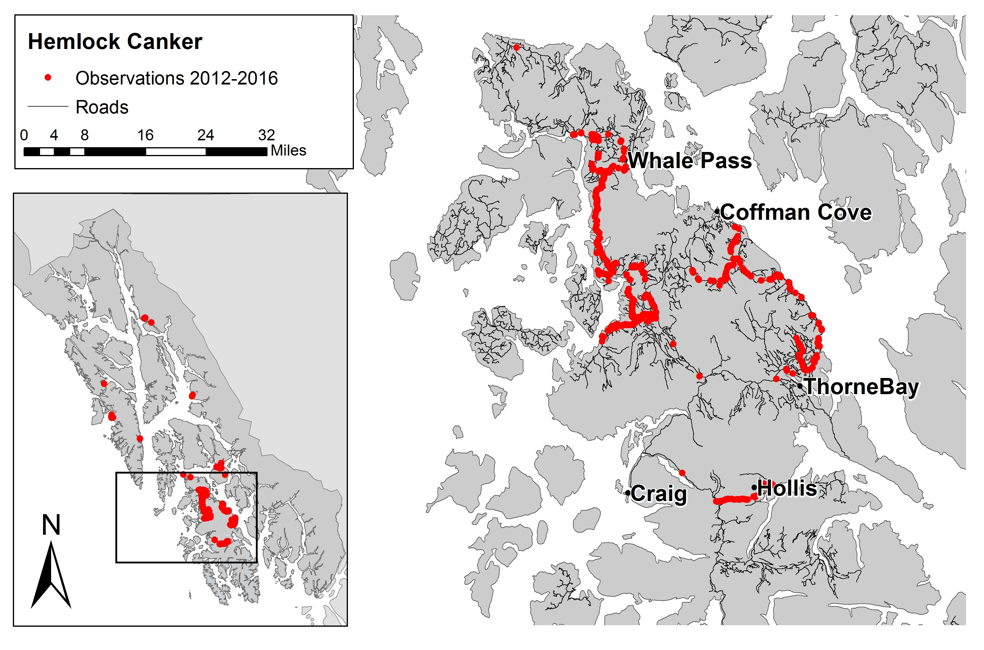 Hemlock canker detection locations during the most recent outbreak.