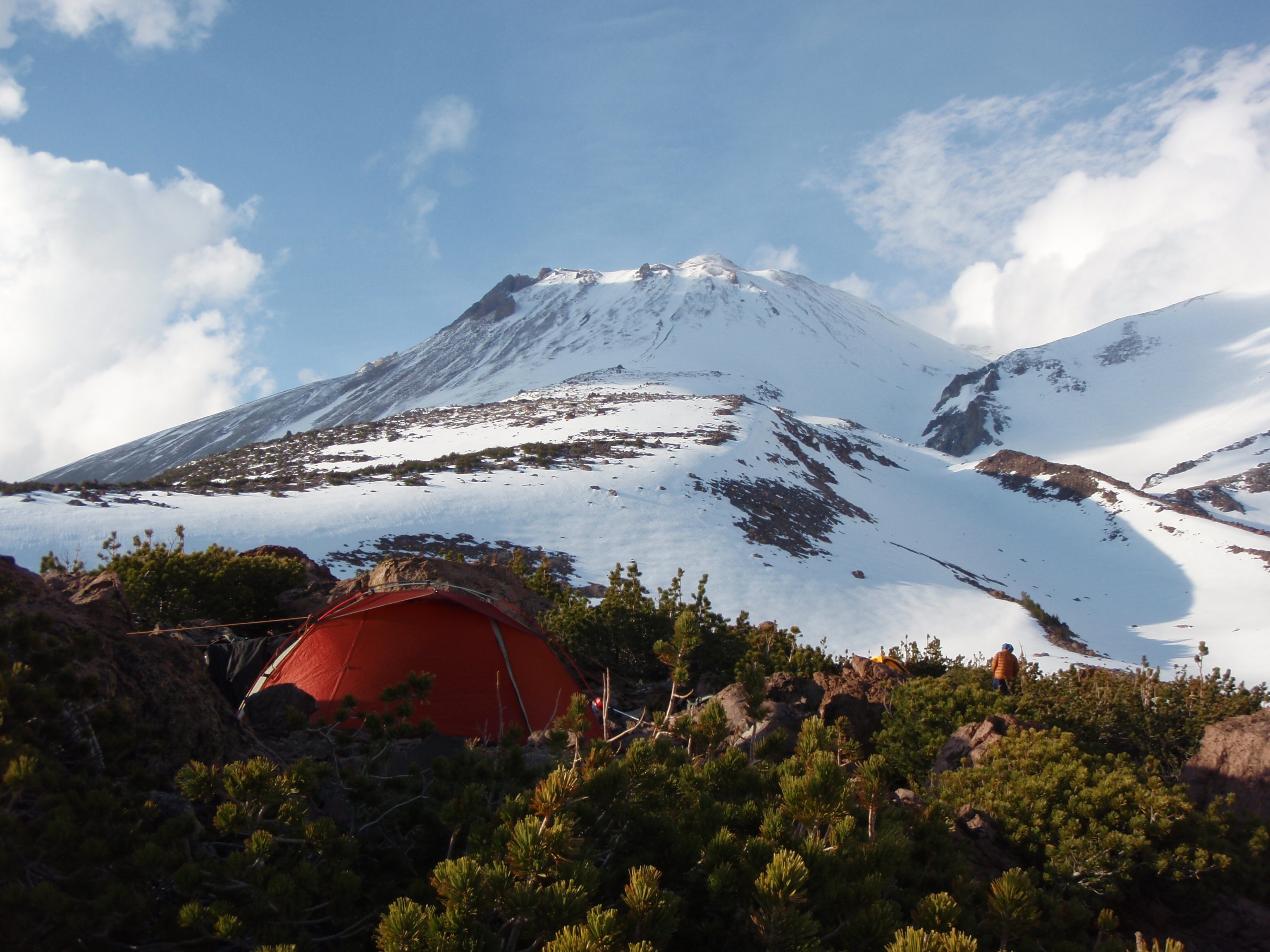 This photograph shows a camp on the flank of Mt. Shasta in the Mt. Shasta Wilderness Area.