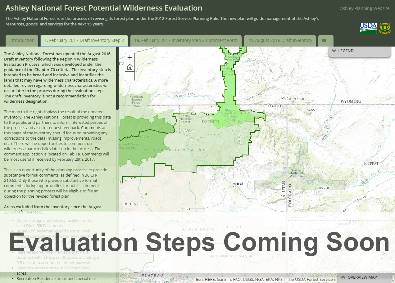 Screen shot of the wilderness evaluation web application with text saying evaluation steps coming so