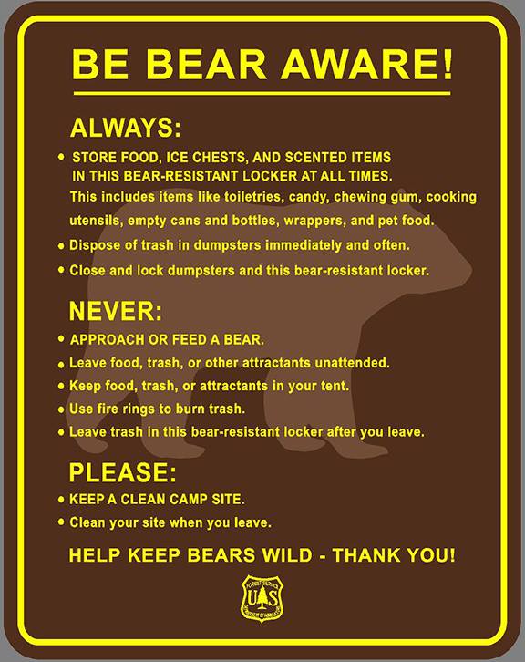 Sign for food storage locker listing tips for being bear aware.