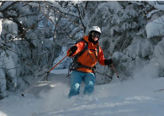 This photograph shows a man skiing downhill in the snow-covered forest.