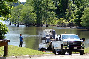 Air boat getting cleaned at Haley's Ferry Boat Ramp on the Sabine National Forest.
