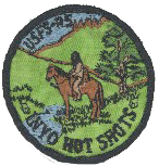 embroidered patch depicting a man on a horse in a forest setting
