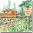Watercolor of a Chugach cabin with fireweed blooming.