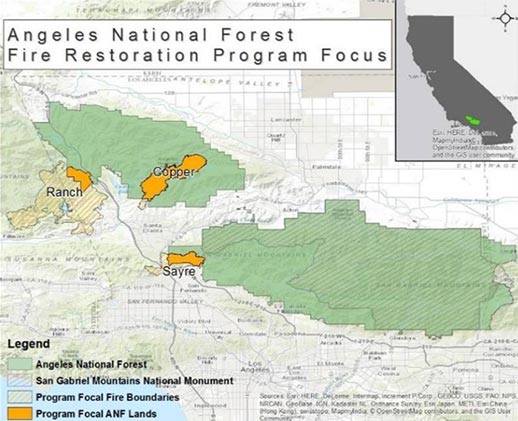 Map of the fire restoration focus areas on the Angeles National Forest.