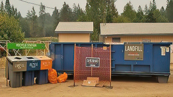 Recycling bins, netting and a dumpster wait for customers at a fire incident base.