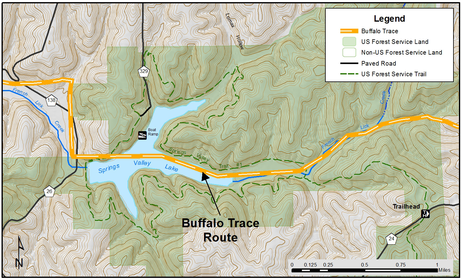 An overlay of the Springs Valley Traisl and where remnants of the trail exist today.