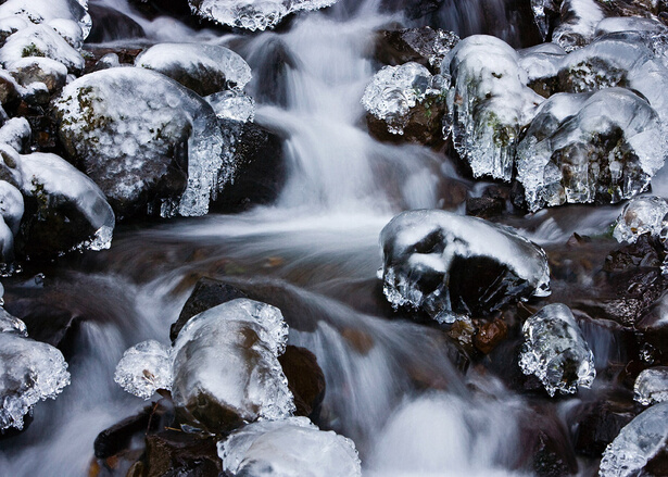 Close up photo of stream over rocks and ice