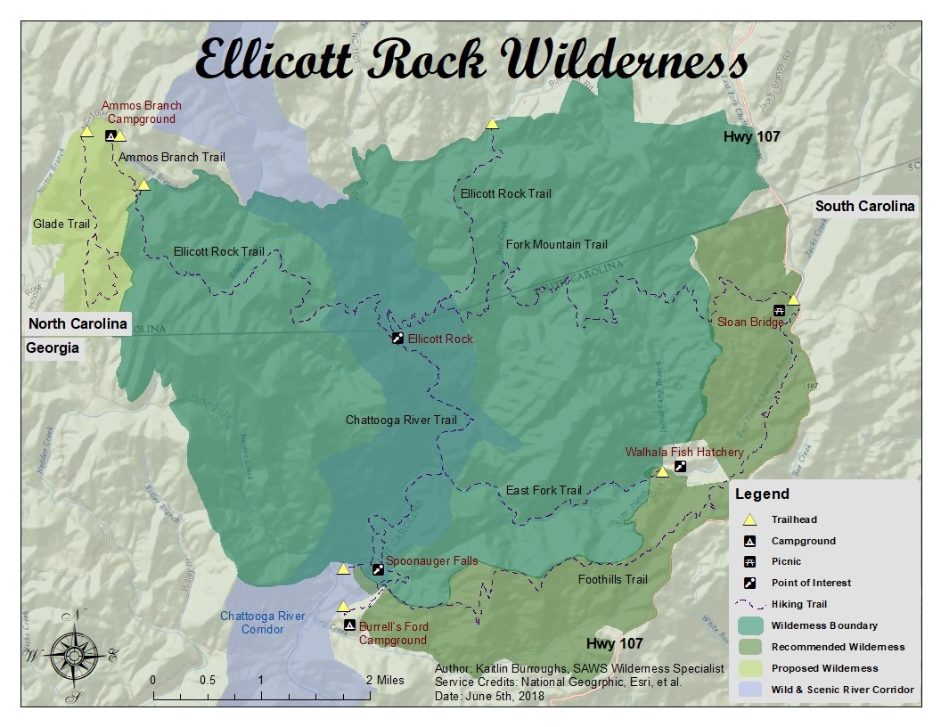 Map showing trails running in and around Ellicott Rock Wilderness