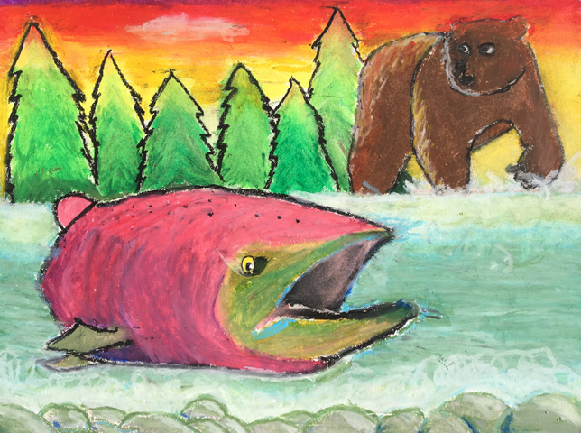 A landed salmon about to be eaten by a bear.