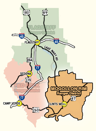 decorative representation of the Mogollon Rim Ranger District Boundaries of the forest