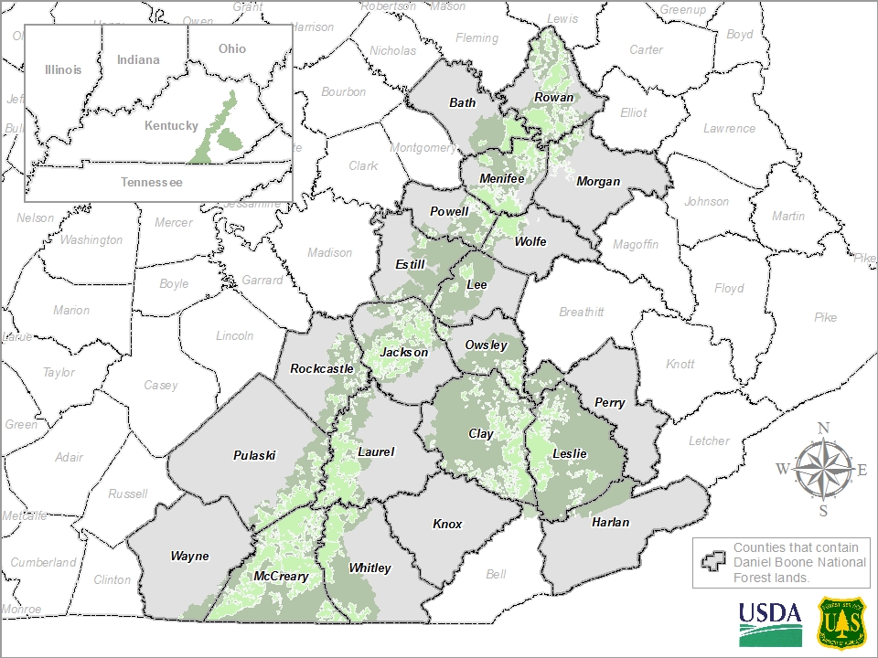 2021 Map of Kentucky Counties with National Forest Lands