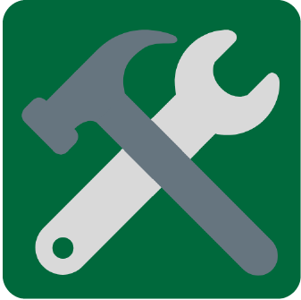 Graphic: Button with drawing showing a hammer crossing a wrench