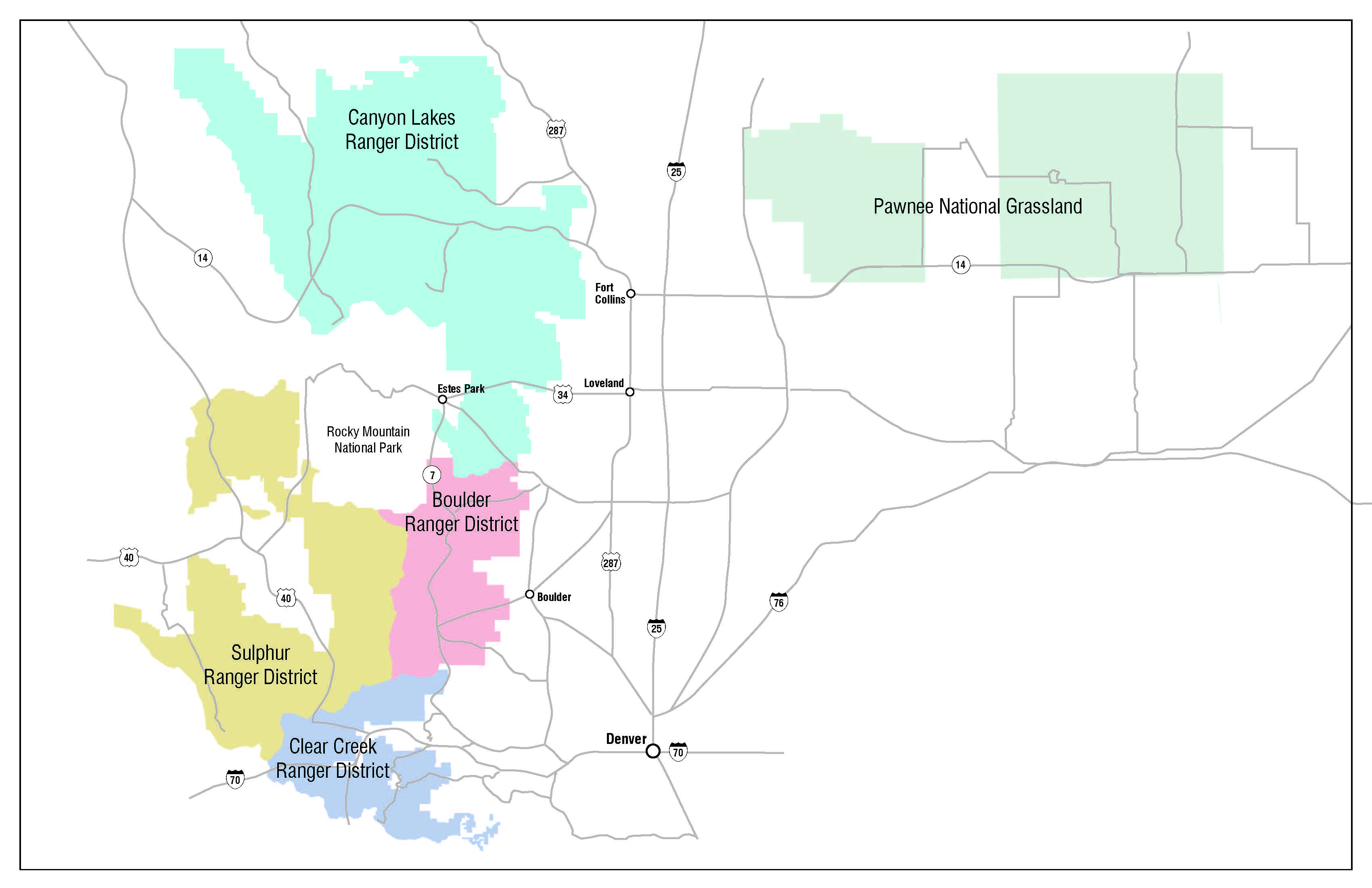Map of Ranger Districts that make up the Arapaho and Roosevelt National Forest