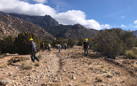 Volunteers working on a trail with hand tools