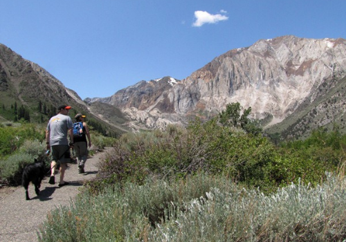 Two hikers and a leashed dog walk on the Convict Lake Trail surrounded by high mountains of the Inyo National Forest.