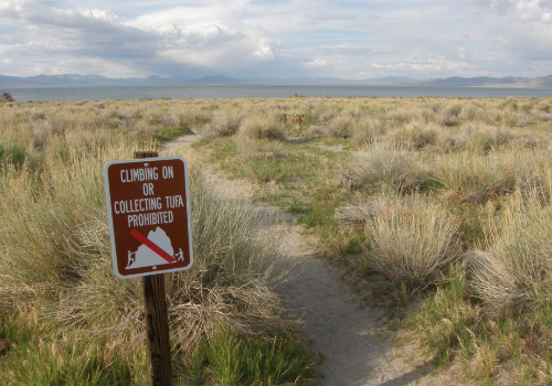 A sign near Mono Lake on the Inyo National Forest asks visitors to not climb on Tufa Towers.