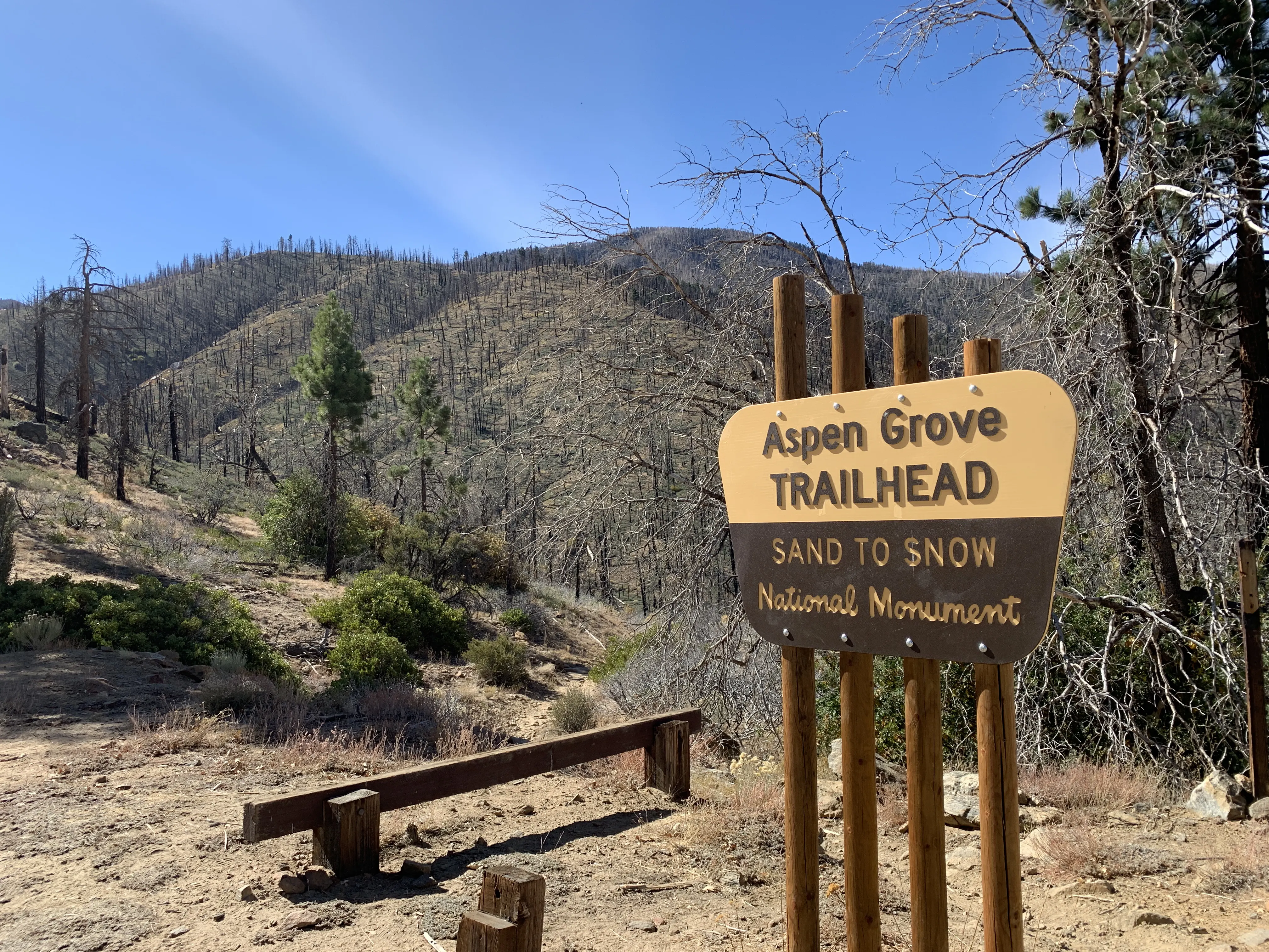 Image of Aspen Grove trailhead with sign in the foreground