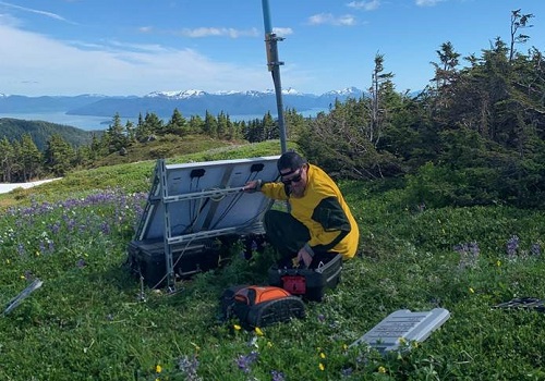 A person sets up a solar panel on the forest for radio communications.