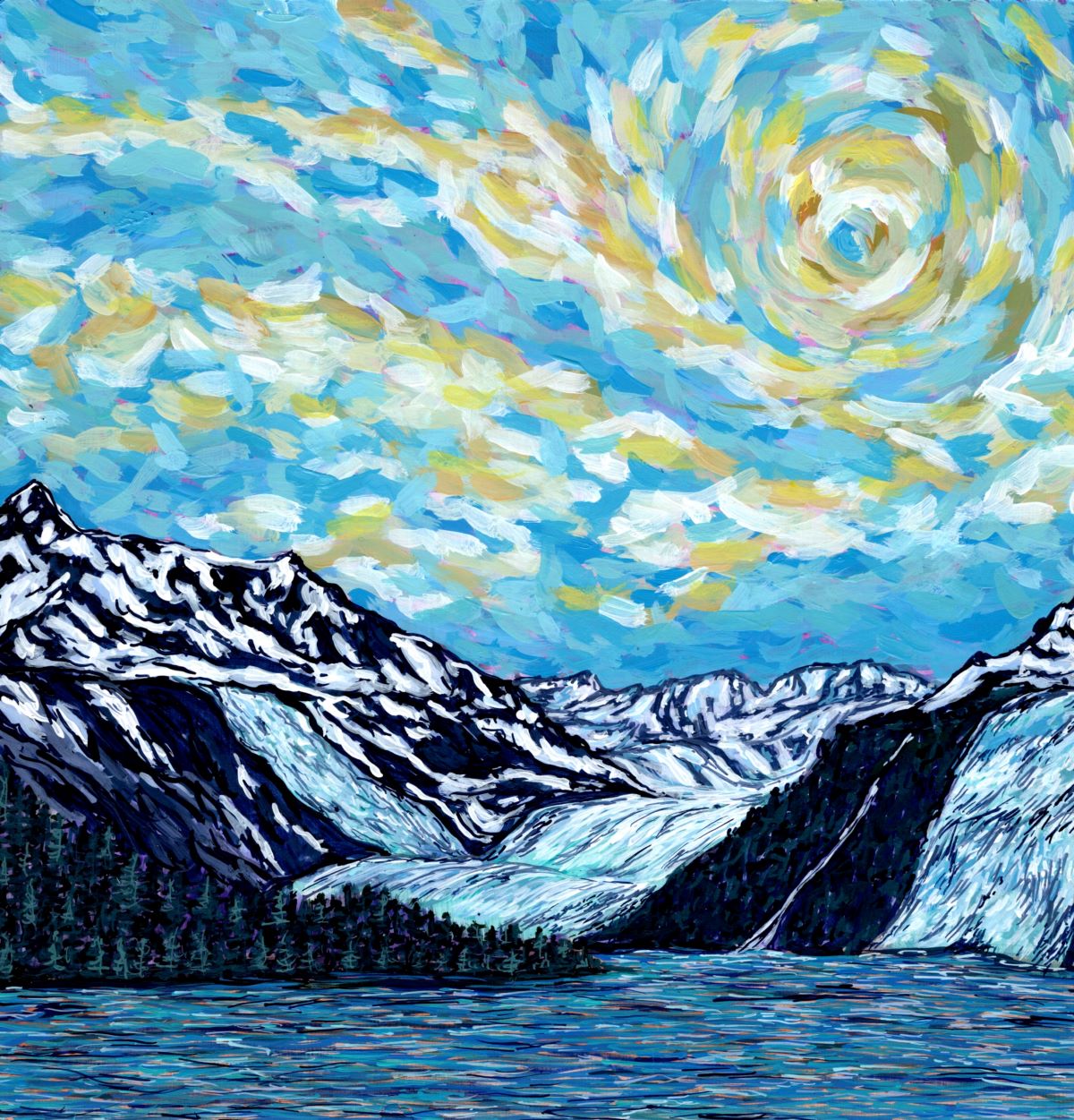 An acrylic painting by Jamie Barks of a glacier in impressionist style.