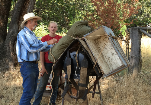 A small group of people is learning how to pack horse or mule packs.