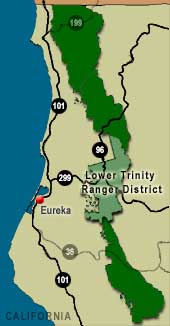 Map of Six Rivers National Forest with the Lower Trinity Ranger District highlighted.