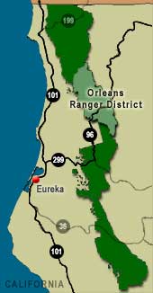 Map of Six Rivers National Forest with the Orleans Ranger District highlighted.