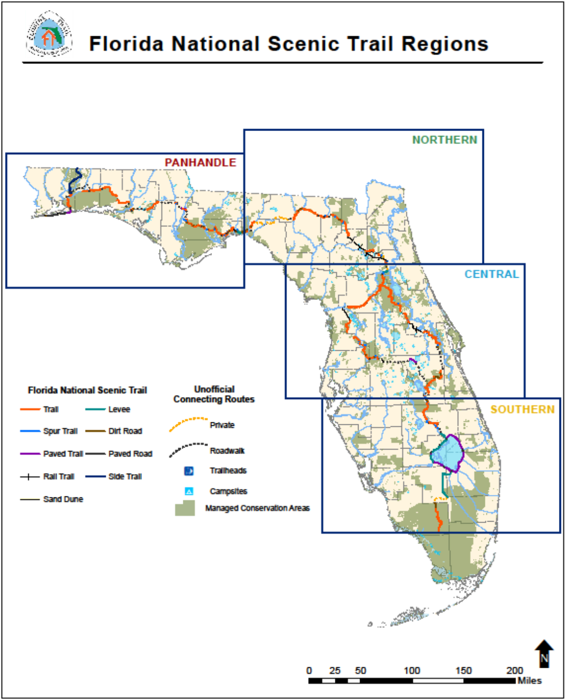 Map of the four geographic regions of the Florida National Scenic Trail