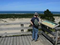 person on viewing platform reading interpretive panel looking out over the dunes towards the Pacific Ocean
