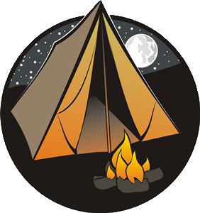 Tent with campfire in front and stars and the moon behind