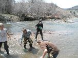 Students collecting specimans from the river with goldfish nets.
