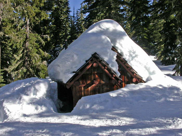 Gold Lake Shelter with deep snow on roof