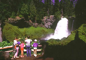 People standing on overlook with Sahalie Falls in background