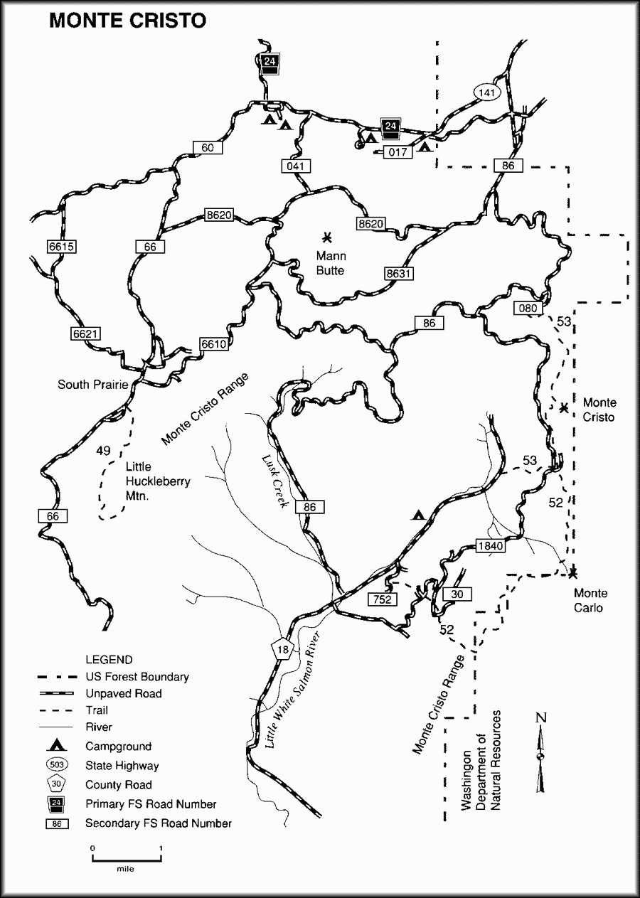 A general vicinity map of trails in the Monte Cristo area within the Mt Adams Vicinity.