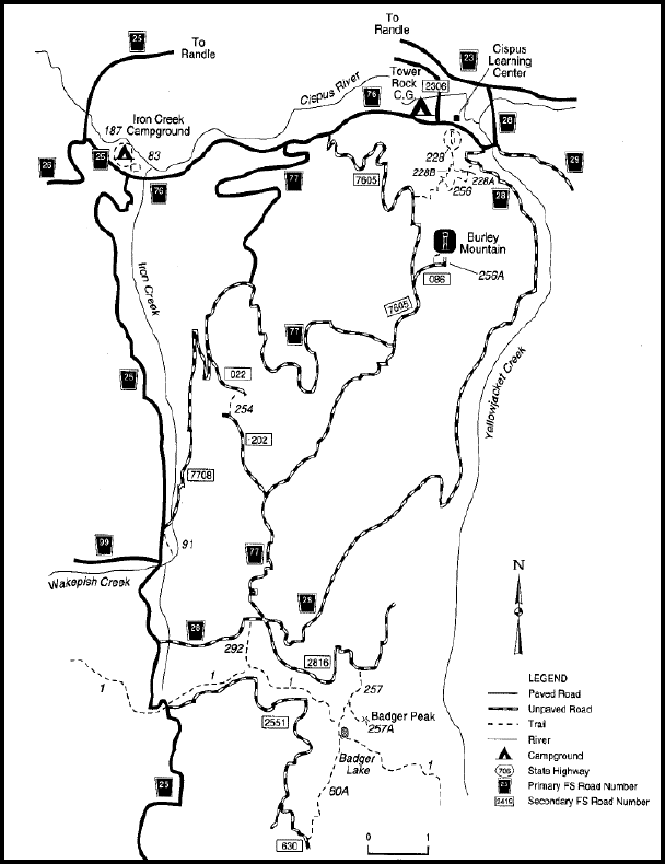 A map depicting trails and developed sites in the Burley Area of Cowlitz Valley.