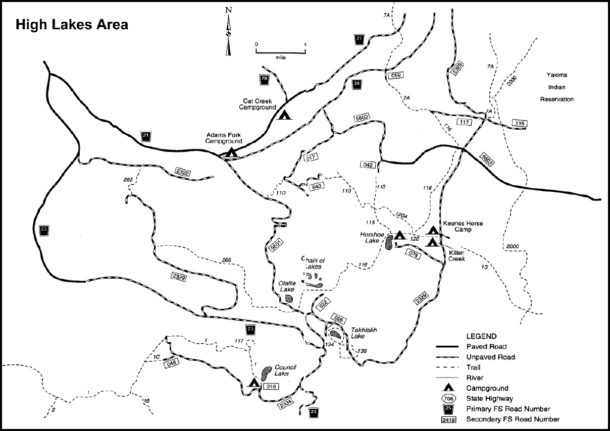 A map depicting trails in the High Lakes area within the Cowlitz Valley vicinity.