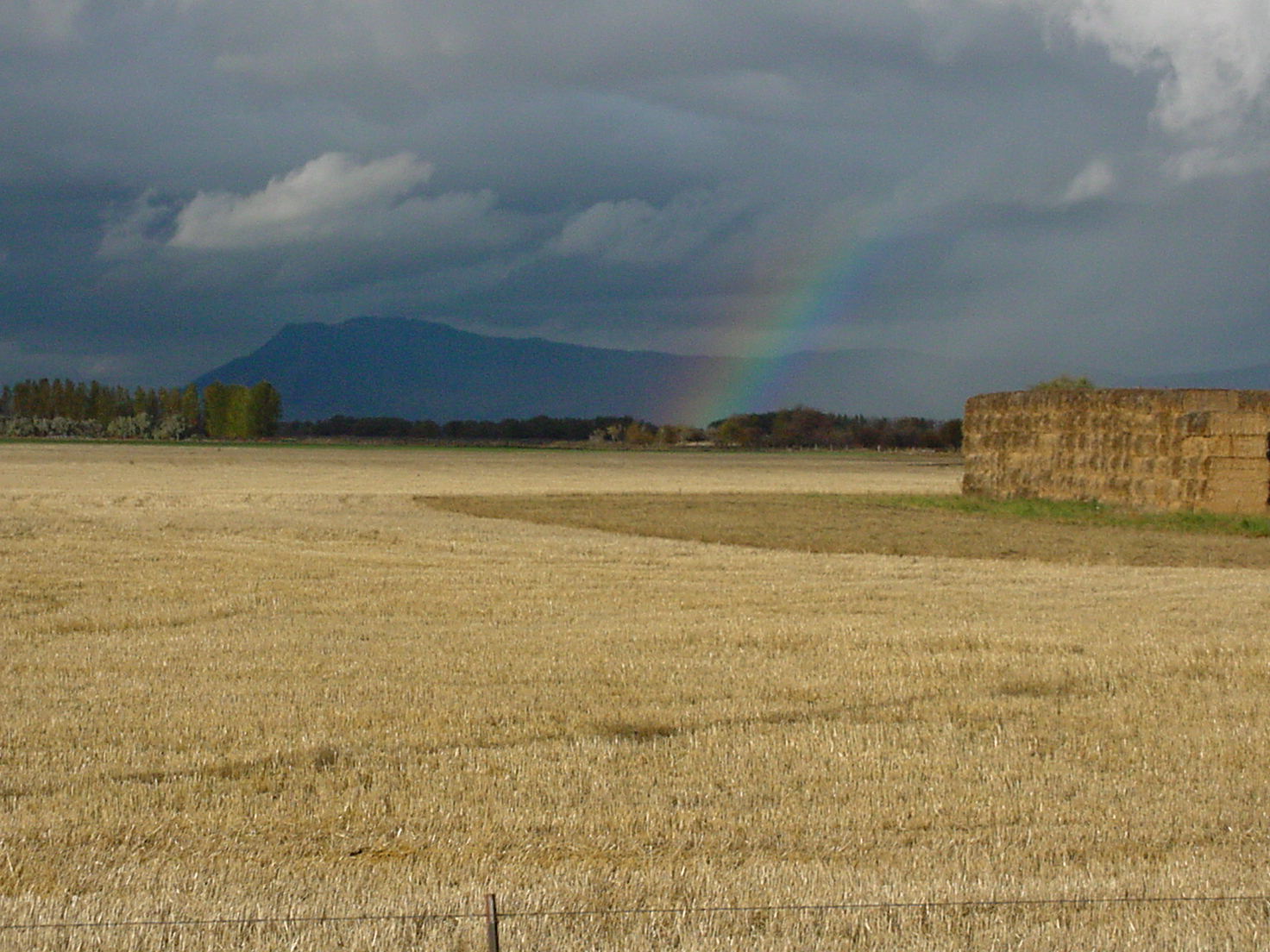 Large wheat harvested field in Grande Ronde Valley with rainbow in background