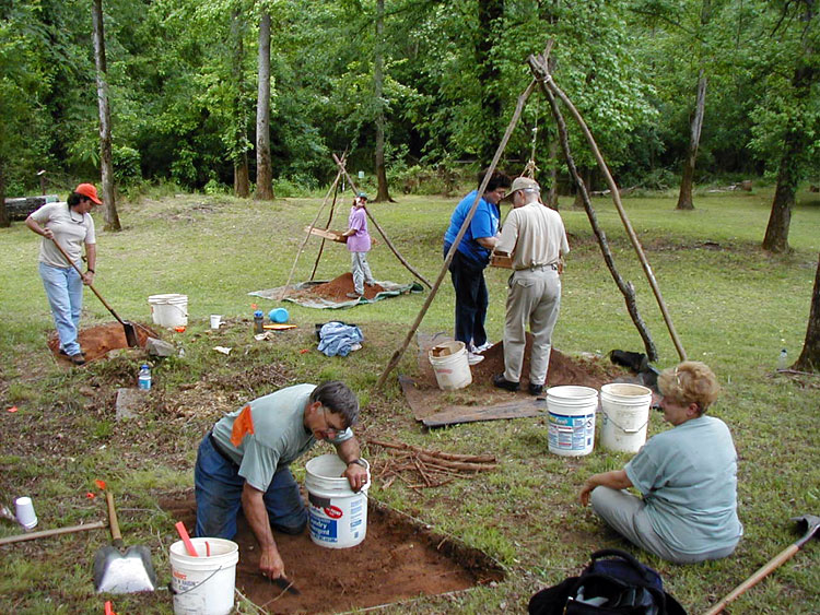 Volunteers of the 2001 Passport in Time Project excavate artifacts in the Scull Shoals Historic Site