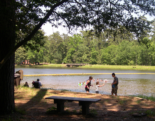 Families picnicking at Double Lake Recreation Area on the Sam Houston National Forest.