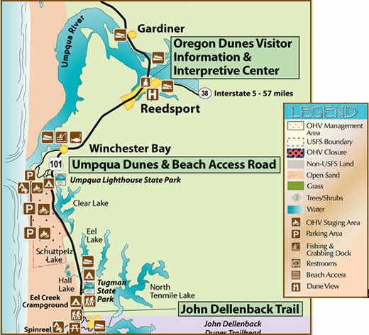 map of the Umpqua Dunes Area showing recreation 

opportunities
