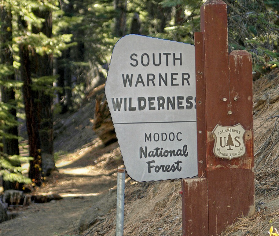 The carved trail sign at the entrance to the South Warner Wilderness.