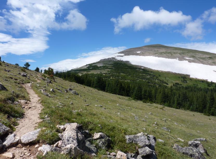 Photo taken in August showing the trail and St Vrain Mountain with a large snow field near the top